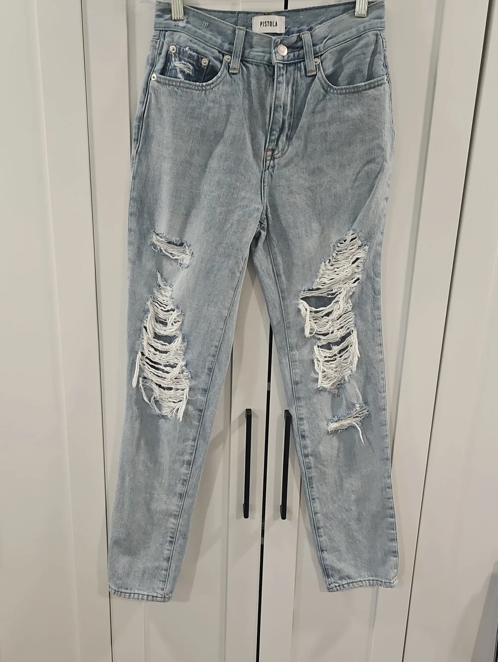 Pistola Presley High Rise Relaxed Roller Jeans.  Light Wash.  Very Distressed.